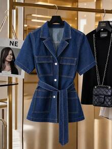 GlowEve Women's Belted Denim Short Sleeve Jacket - Dark Wash - View 3