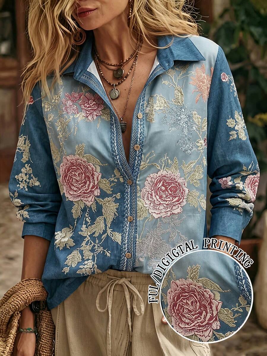 SHEIN 女款花卉印花單排扣休閒百搭日常外出襯衫 - 藍色 - 查看 1