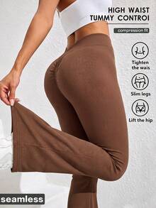 Slayform Slayform 1pc Regular Flare Leggings / V-Waist Design / Basic Style / Brown / Sports Flare Leggings / Fitness / Yoga Seamless - Brown - View 1