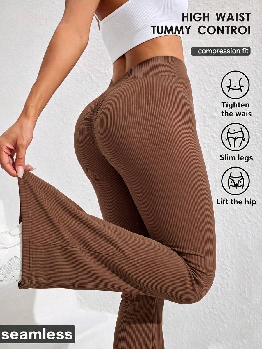 Slayform Slayform 1pc Regular Flare Leggings / V-Waist Design / Basic Style / Brown / Sports Flare Leggings / Fitness / Yoga Seamless - Brown - View 1