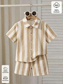 SHEIN Streecool Kids 男孩紋理條紋針織襯衫與短褲兩件套 - 米色 - 查看 3