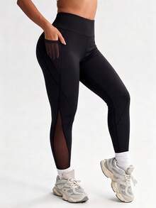 SHEIN Unity Plus Size Mesh Patchwork High Waist Seamless Athletic Leggings - Black - View 5