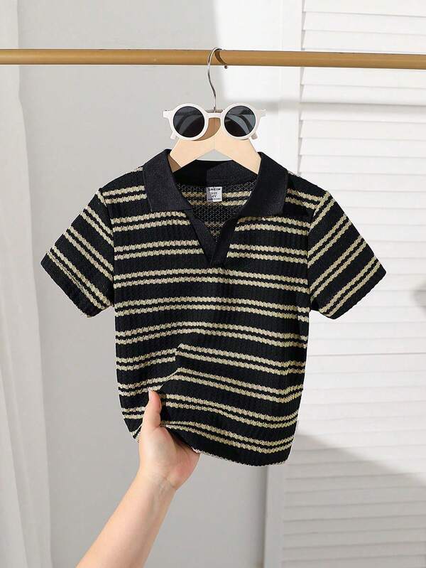 SHEIN Explorewe 1pc Young Boy Casual School Style Waffle Striped Knit V-Neck Polo Shirt Summer Holiday