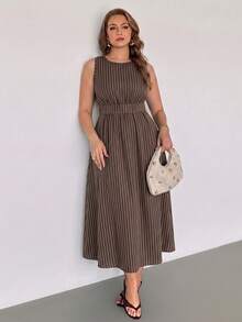 Auralis Brown Striped Plus Size Women's Round Neck Sleeveless Pocket Casual Dress - Multicolor - View 5