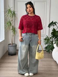 SHEIN EZwear 大尺碼女款花卉網紗圓領短袖寬鬆上衣 - 紅色 - 查看 5