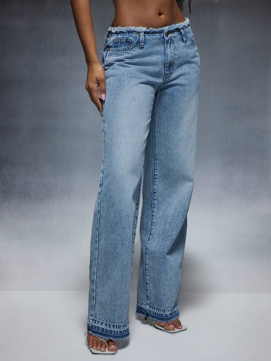 Denimoi Low Rise Raw Edge Straight Leg Jeans Sexy Jeans Y2K Fashion Low Rise Jeans - Medium Wash - View 1