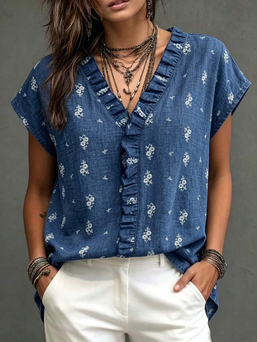 SHEIN Blue Short Sleeve Floral Print Women Top, Ruffle Neck Paneling Casual Shirt For Summer Outdoor Holiday Vacation Outfits