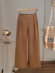 SHEIN MOD Plus Size Brown Elegant Casual Commuter Wide Leg Suit Pants Metal Chain Decor Long Urban Modern Office Formal Workwear Young Lady Summer - Rust Brown - View 7