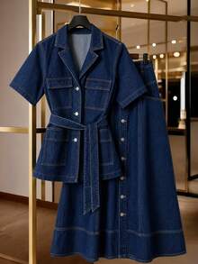 GlowEve Women's Belted Denim Short Sleeve Jacket - Dark Wash - View 1