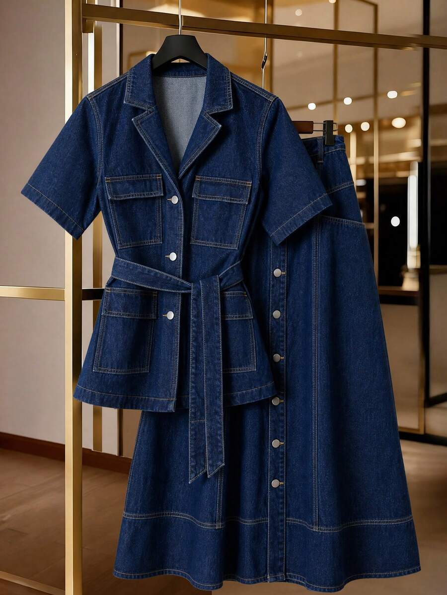GlowEve Women's Belted Denim Short Sleeve Jacket - Dark Wash - View 1
