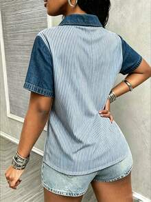 Maweii Women's Casual Lapel Striped Short Sleeve Top, Suitable For Commuting, Vacation And Daily Wear. Spring/Summer Wear, Casual Fashion Style, Suitable As A Gift For Friends And Family - Multicolor - View 2