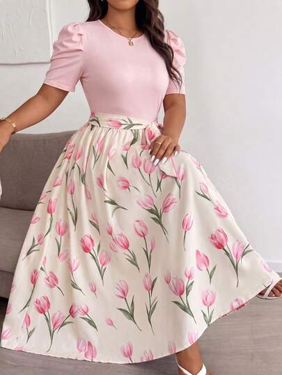 Elenzga Plus Size Women's Summer Puff Short Sleeve Round Neck Simple Waist-Cinching A-Line Tulip Floral Print Dress, Suitable For Dating, Outings, Birthday, Graduation Season, Photography, Pink