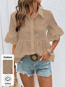 SHEIN Holidaya 女款素色百褶休閒百搭日常出遊襯衫 - 卡其色 - 查看 1