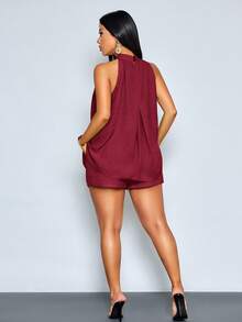 SOLERSUN 性感優雅休閒海灘度假女款兩件套，薄荷綠掛脖上衣搭配不規則下擺與同款短褲，適合約會與派對，春夏女裝，老錢風 - 酒紅色 - 查看 2