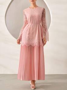 Graceveil Elegant Lace Pleated Long Sleeve Round Neck Arabian Dress, Pink, Suitable For Women, Spring/Summer Clothing - Pink - View 2