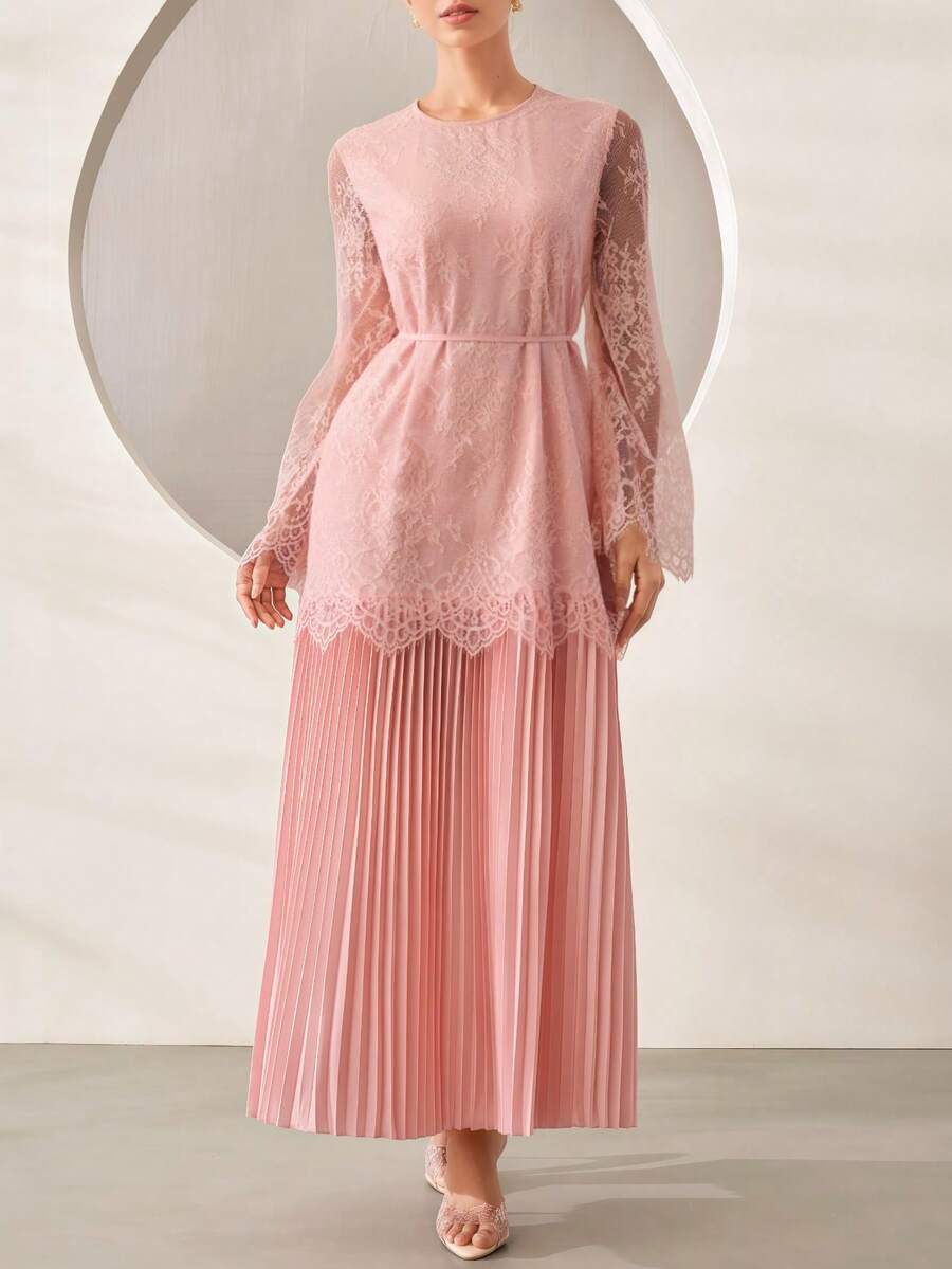 Graceveil Elegant Lace Pleated Long Sleeve Round Neck Arabian Dress, Pink, Suitable For Women, Spring/Summer Clothing