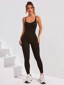 Easithlete Bộ jumpsuit thể thao ôm dáng ống loe màu trơn - Màu nâu Sô-cô-la - Xem 3