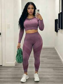 Slaydiva Women's Plus Size Solid Color Long Sleeve T-Shirt And High Waist Leggings Sports Set Fall - Burgundy - View 3