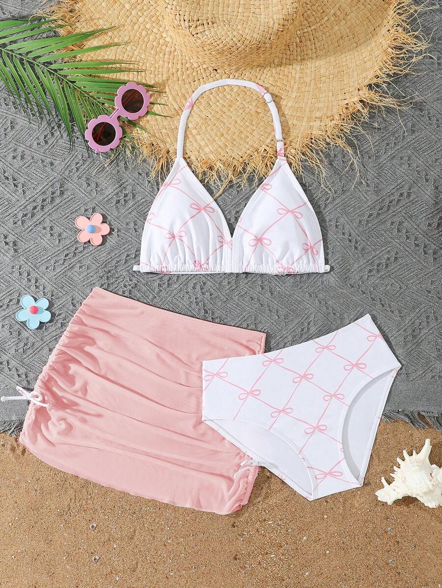 SHEIN Tween Girls 3 件套粉色蝴蝶印花比基尼套装带迷你裙,时尚度假风格,适合游泳、度假、夏季 - 粉色 - 查看 1