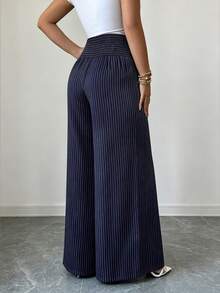 Flora Isola Flora Isola Pantalones de traje para mujer de primavera/otoño, pieza única con cintura, múltiples botones, rayas verticales, plisados delanteros, cintura alta, pierna ancha, estilo maduro para oficina y negocios - Azul Marino - Ver 2