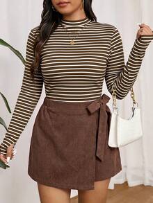 SHEIN Frenchy 大尺碼女款休閒 2000s 80s 純色綁帶包臀短褲 夏季外出 正式場合 海灘度假 辦公通勤 棕色 - 棕色 - 查看 6