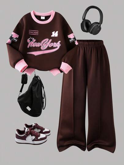SHEIN Girls' Casual Fashion Academy California Digital 23 Graphic Long Sleeve Sweatshirt And Coffee Brown Pants 2 Pieces Set, Autumn/Winter College Style Crew Neck Long Sleeve Casual Sweatshirt Outfit