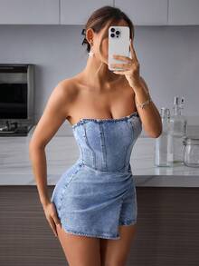 SHEIN PETITE 女款不對稱下擺扭轉式抹胸設計牛仔連身褲，適合嬌小女性 - 藍色 - 查看 4