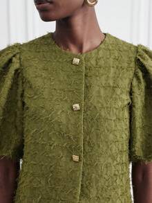 SHEIN Zanirela Women's Olive Green Puff Sleeve Cover Up, Textured Jacquard Fabric Open Front Top, Spring/Summer Elegant Loose Round Neck Top, Beach Dinner Office - Green - View 7