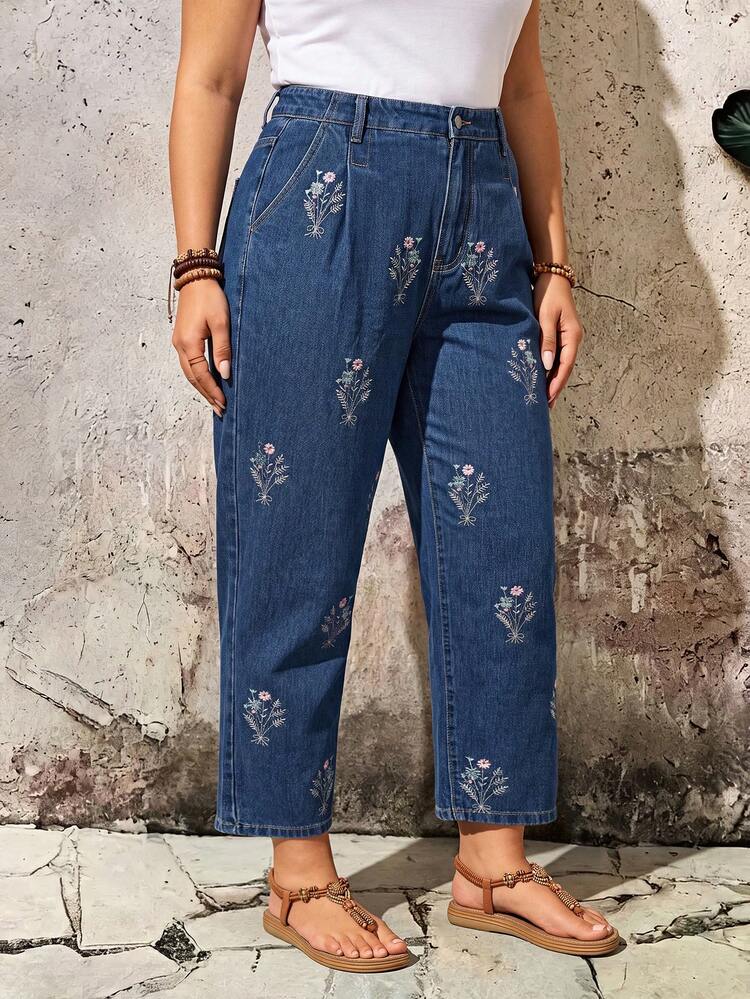 SHEIN Essnce Plus Size Women Casual Non-Stretch Embroidered Denim Jeans Vacation Fall Sashimi Flowers Retro Festival Country Outfit Party - Dark Wash - View 6