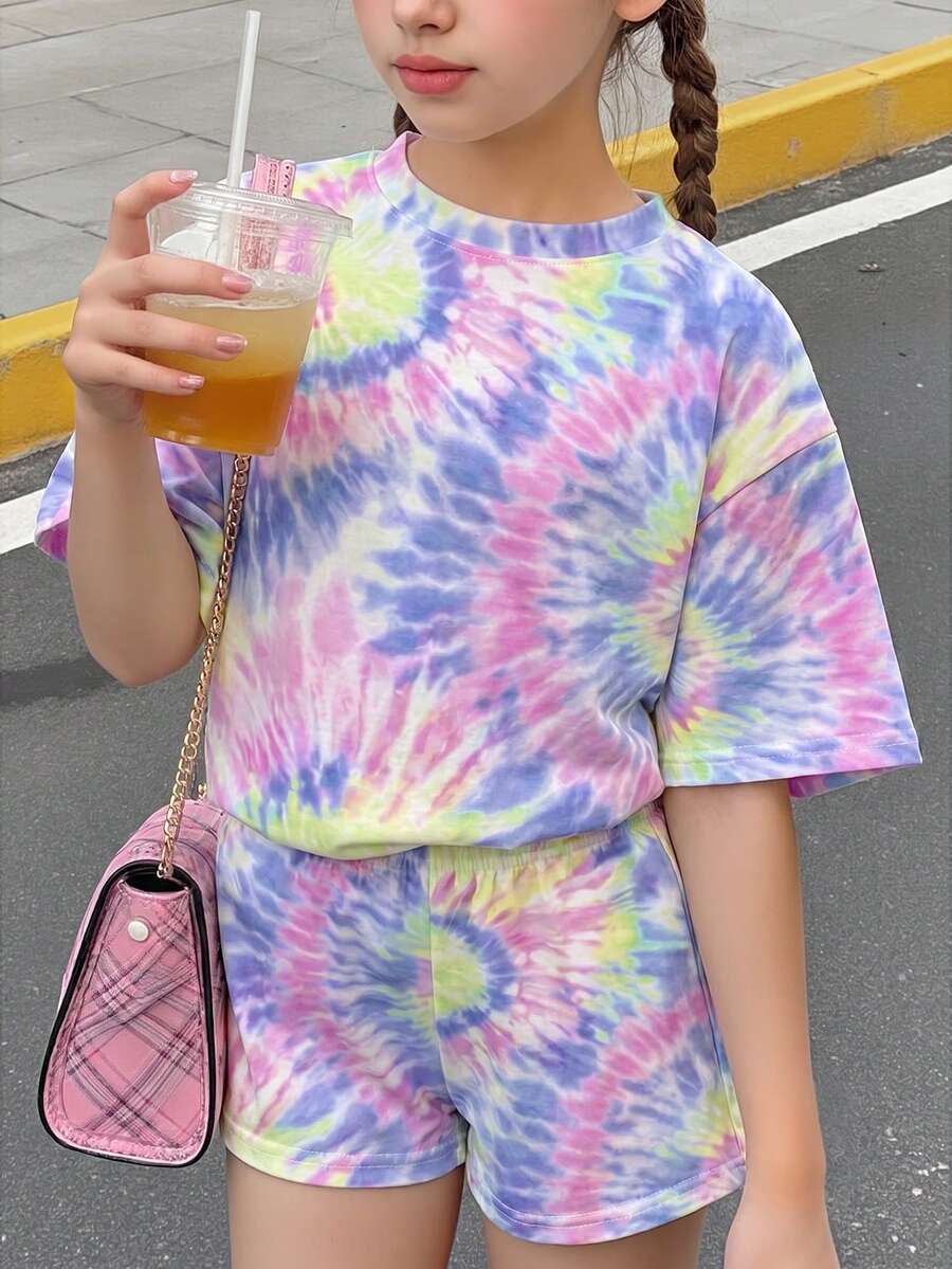 女孩紮染短袖T恤與短褲休閒日常套裝 - 白色 - 查看 1
