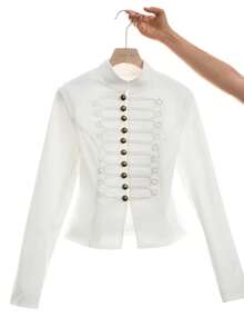 LYSMO Women's Fashion Design Metal Button Long Sleeve Blazer Office Dinner Formal Corporate White Summer Elegant - Beige - View 9