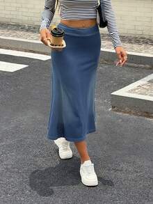 SHEIN Essnce 女款休閒水洗牛仔裙 日常外出淺藍色秋季 - 藍色 - 查看 3