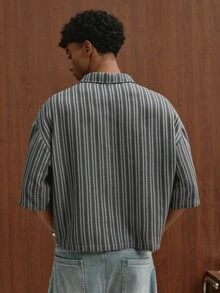 TOKVUE 男士夏季青年休閒海軍藍條紋半拉鍊刺繡寬鬆短袖 Polo 衫 - 藏蓝色 - 查看 2