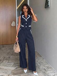 Siren Gaze Luxury Elegant Business Casual Professional Navy And White Set Office Work Vest Wide Leg Pants Outfits Summer Commuter Teachers' Day - Navy Blue - View 1