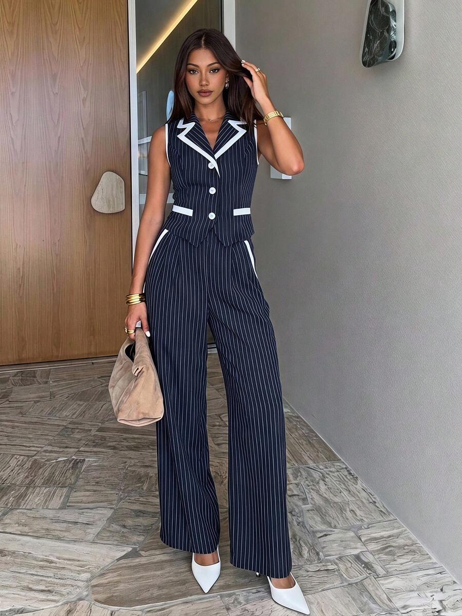 Siren Gaze Luxury Elegant Business Casual Professional Navy And White Set Office Work Vest Wide Leg Pants Outfits Summer Commuter Teachers' Day - Navy Blue - View 1