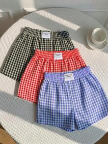 SHEIN EZwear 3件套舒适多巴胺格子短裤套装，蓝色、红色、黑色，梭织面料，适合日常穿着，夏季短裤，适合通勤、约会、聚会、秋冬夏三季、圣诞节、新年、感恩节、派对、婚礼、海滩、毕业典礼、时尚、优雅、休闲、外出、约会、预订、通勤、闪亮、情人节、优雅、度假、休闲、Y2K、外出、毕业典礼等场合。 - 彩色 - 查看 4