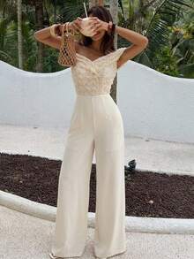 DAZY Women's Elegant Sequin Patchwork Off Shoulder Wide Leg Jumpsuit, Summer - Beige - View 13