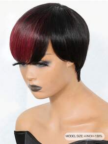 Short Straight Pixie Cut Human Hair Wigs 1B/99J Real Affordable Hair Replacement Wig Cheap Daily Use Wig For Beginner Friendly Wear To Go Burgundy Color Halloween - SNATURAL/99JC - View 2