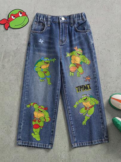 TEENAGE MUTANT NINJA TURTLES | SHEIN Young Boy Casual Washed Cartoon Print Denim Jeans