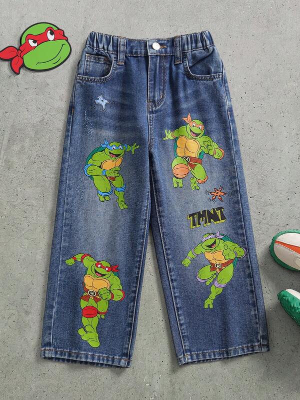 TEENAGE MUTANT NINJA TURTLES | SHEIN Blugi din denim casual pentru băieți tineri, spălați, cu imprimeu desen animat