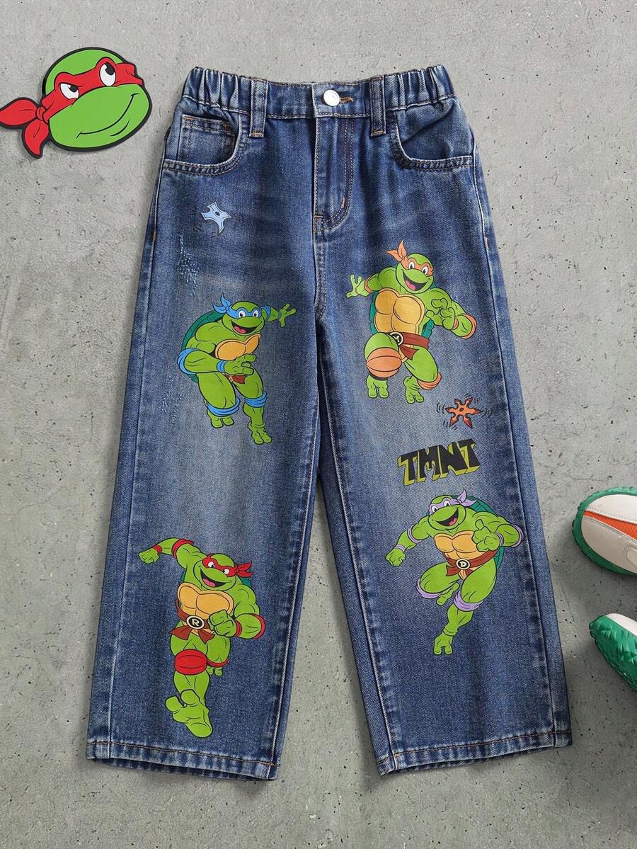 TEENAGE MUTANT NINJA TURTLES | SHEIN Young Boy Casual Washed Cartoon Print Denim Jeans - Blue - View 1