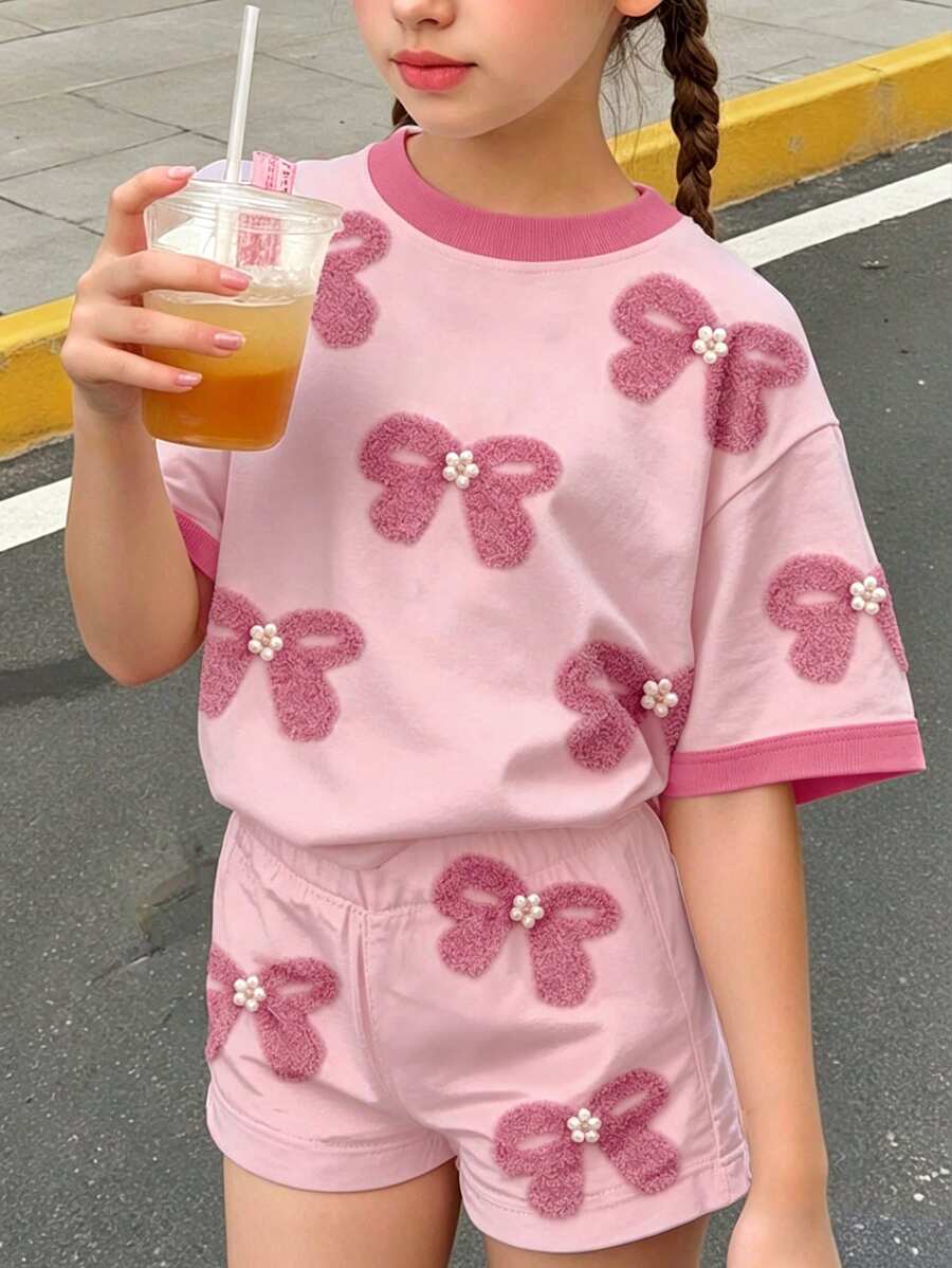黃色甜美蝴蝶結與珠飾圖案,青少年女孩休閒舒適圓領短袖T恤與短褲兩件套,適合春夏日常、度假、節慶、外出,春季氛圍、夏季氛圍,春夏 - 彩色 - 查看 1