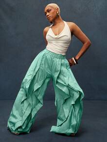 Vixey Solid Textured Woven Elastic Waistband Ruffle Wide Leg Pants, Vacation Pants, Resort Wear, Resort Chic, Beach To Dinner - Lime Green - View 3