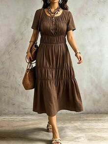 Juhart Vestido largo marrón de mujer talla grande, tejido, corte regular, estilo francés casual de verano, elegante para ir al trabajo, cuello redondo, manga corta y cintura ceñida - Marrón - Ver 4