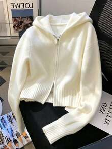 Franclia Cardigan de punto holgado con capucha y doble cremallera en color albaricoque para mujer, suéter chaqueta suelto, suave y acogedor, diseño de otoño/invierno - Albaricoque - Ver 3