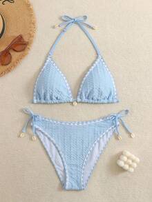 SHEIN Teen Girl Summer Beach Holiday Striped Trim Halter Neck Tie Bikini Set,2pcs/Set Mother's Day Graduation Outing Vacation Stylish Casual New Style Swim - Baby Blue - View 3