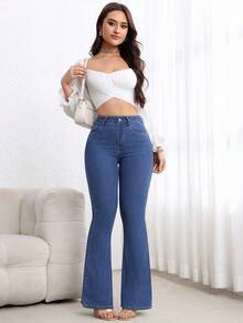 SHEIN PETITE 女款高腰口袋喇叭休閒百搭牛仔褲，適合嬌小女性 - 中等水洗藍 - 查看 5