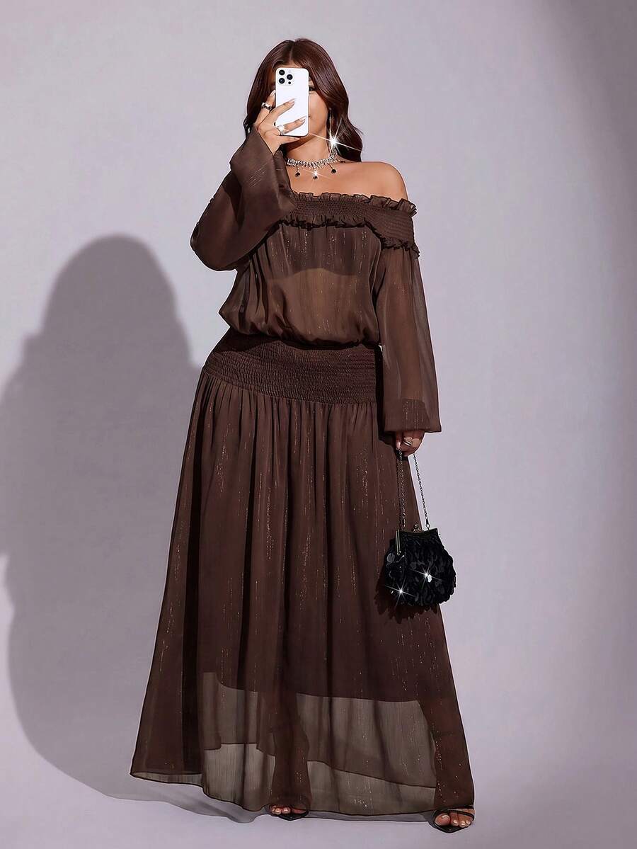 Viva Relle Plus Size Women's Sheer Off-Shoulder Sexy Elegant Dress Fall - Brown - View 1