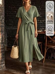 Louniche Women's Solid Color Casual Tropical Vacation Comfortable Dress, Spring/Summer Overlap V-Neck Ruffle Sleeve, Waist Tie Hem Slit Brunch Sage Green - Army Green - View 6
