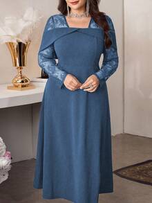 Modelyn Elegant Solid Color Contrast Lace Long Sleeve Cinched Waist A-Line Regular Fit Plus Size Dress For Spring And Autumn - Blue - View 6